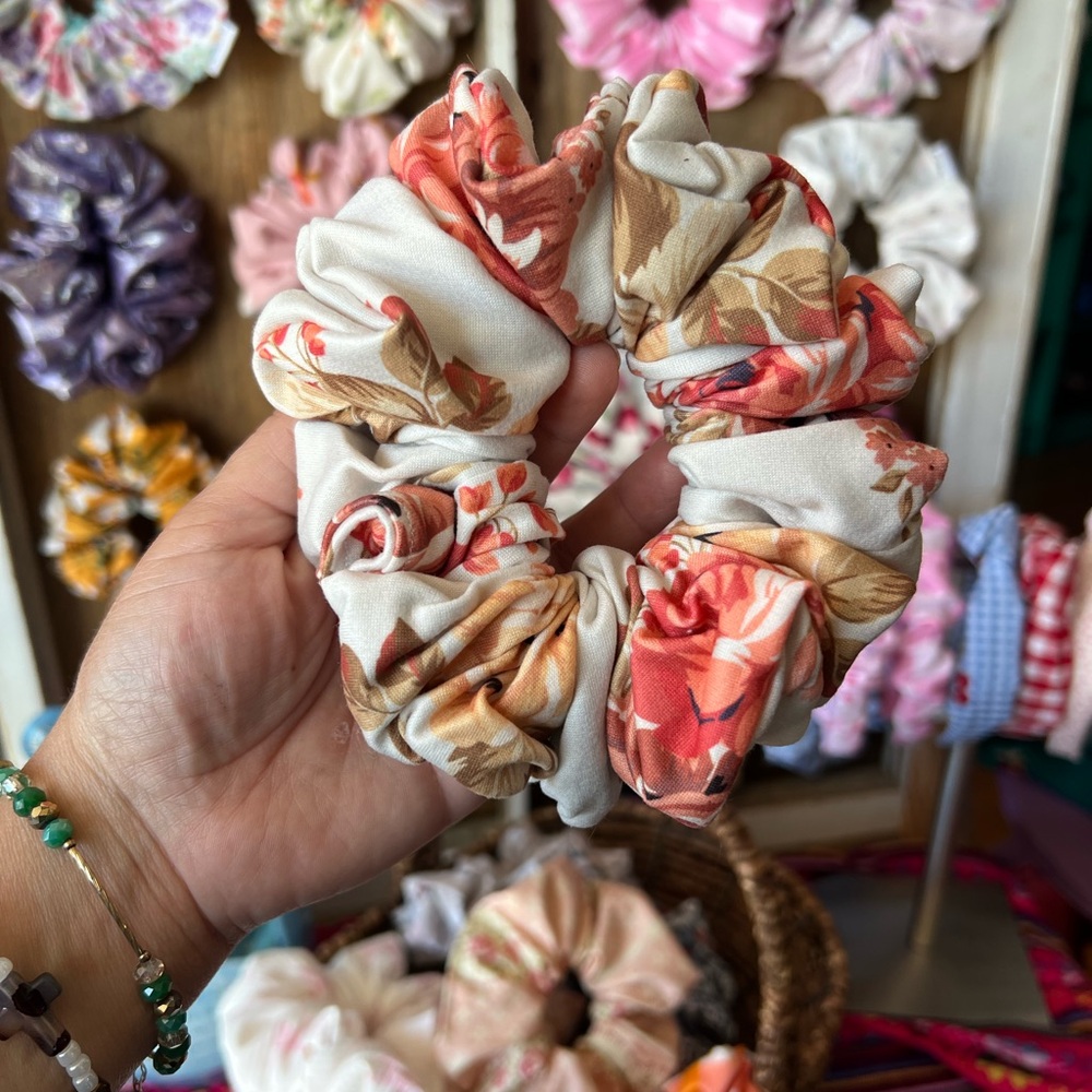 Cream Floral Scrunchie Set with Coral & Tan Accents